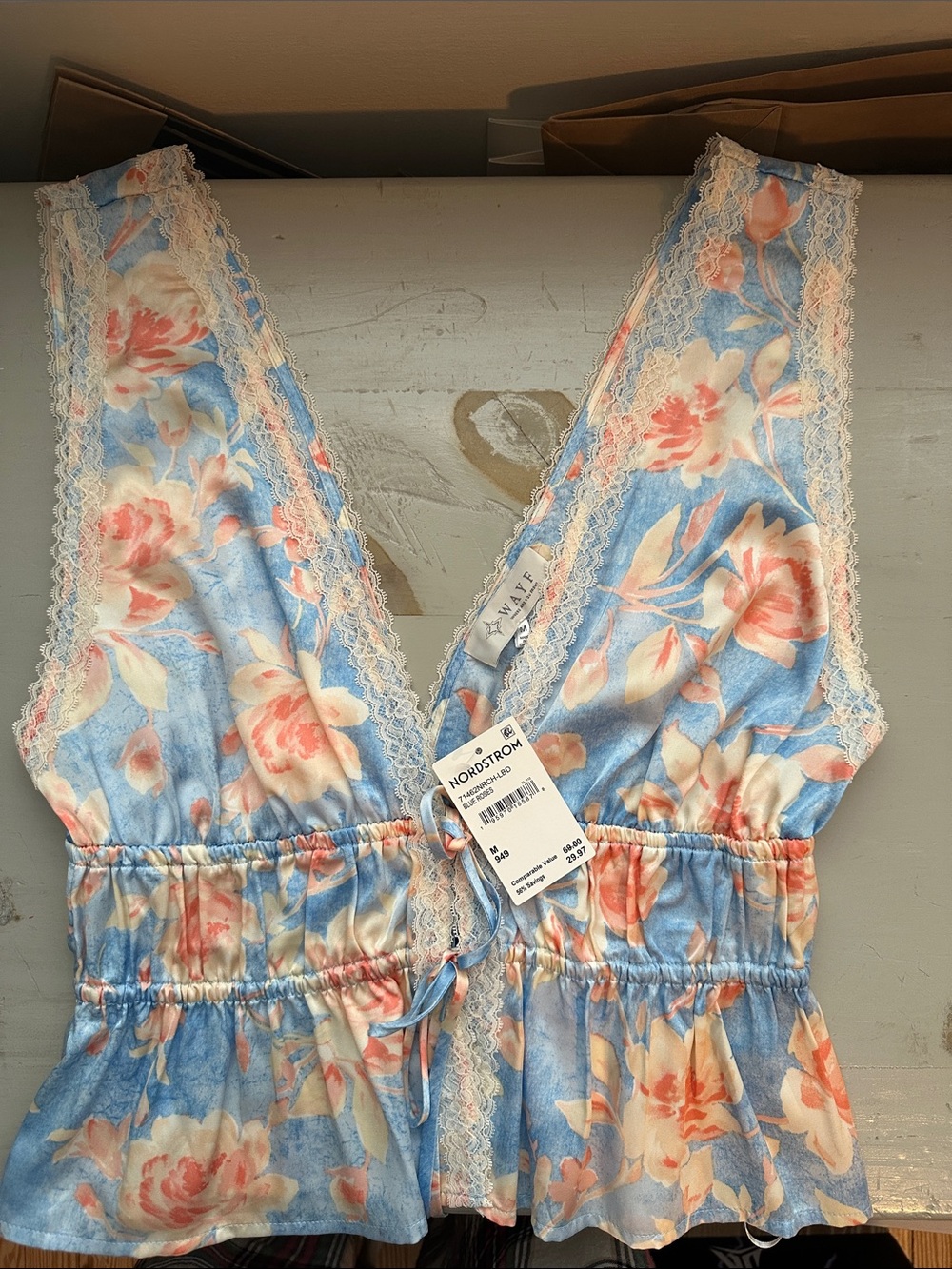 Wayf Blue and Pink Floral Lace-Trim Tank Top